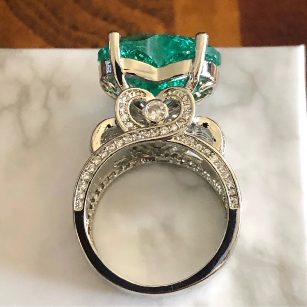 Ladies elegant large paraiba tourmaline emerald heart stone 925 ring 9 NIB